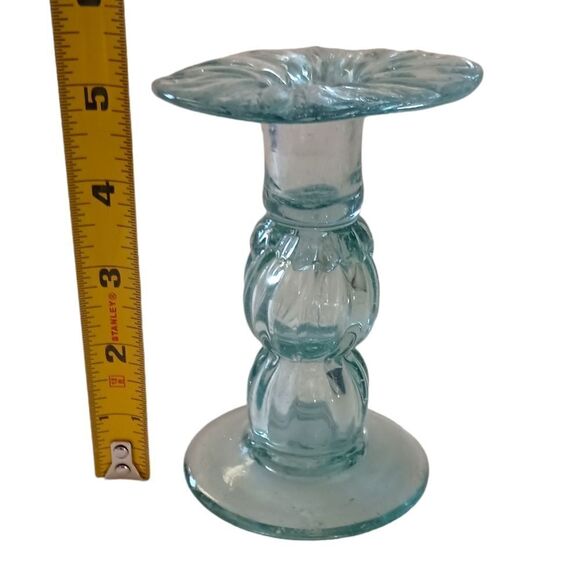 Hand Blown Art Glass Candlestick Holder Taper SINGLE ICY Blue Mexico Beachy Vtg. - Picture 2 of 13
